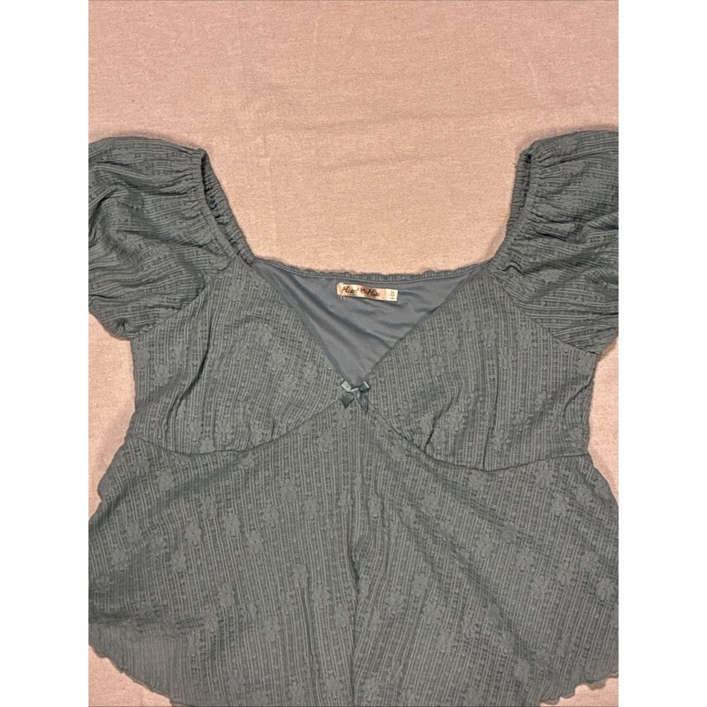 Women's Top XL Green Baby doll Puff Sleeve V-Neck Bow Pastel Milkmaid Coquette - Picture 6 of 8